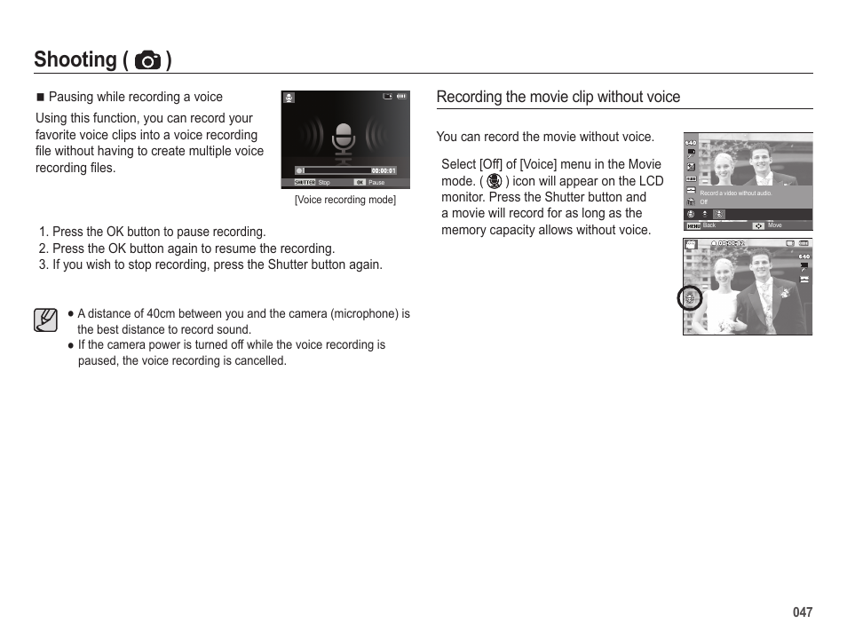 Shooting ( ), Recording the movie clip without voice | Samsung ES25 User Manual | Page 48 / 96