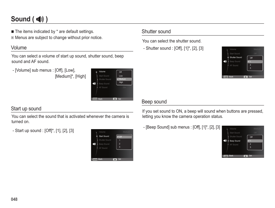 Sound ( # ), Volume, Start up sound | Shutter sound, Beep sound, 048 ê | Samsung ES25 User Manual | Page 49 / 96