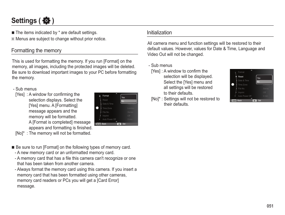 Settings ( ), Initialization | Samsung ES25 User Manual | Page 52 / 96