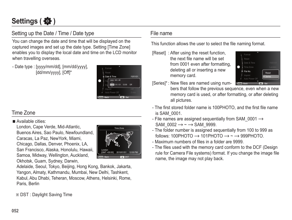 Settings ( ), File name, Setting up the date / time / date type | Time zone | Samsung ES25 User Manual | Page 53 / 96