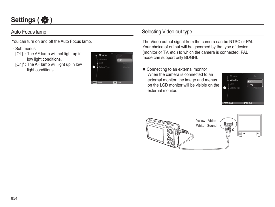 Settings ( ), Selecting video out type, Auto focus lamp | Samsung ES25 User Manual | Page 55 / 96