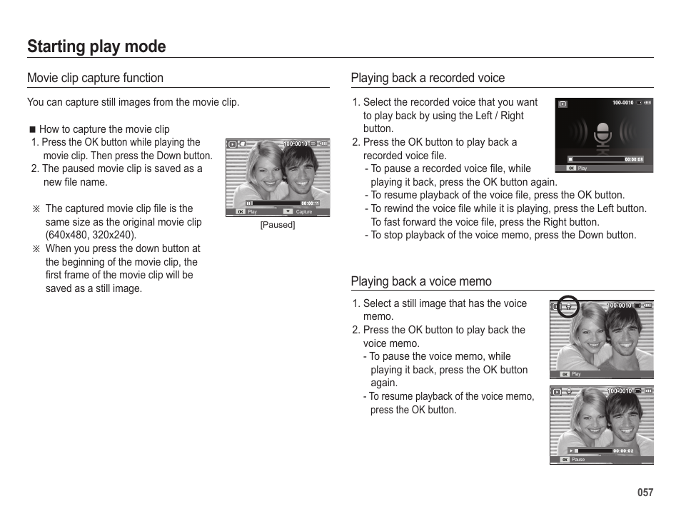 Starting play mode, Movie clip capture function, Playing back a recorded voice | Samsung ES25 User Manual | Page 58 / 96
