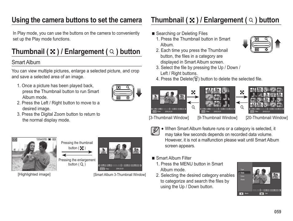 Thumbnail, Enlargement, Button using the camera buttons to set the camera | Button, Smart album | Samsung ES25 User Manual | Page 60 / 96