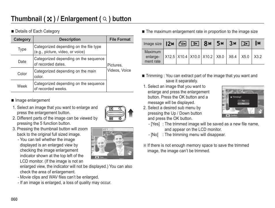 Thumbnail, Enlargement, Button | Samsung ES25 User Manual | Page 61 / 96