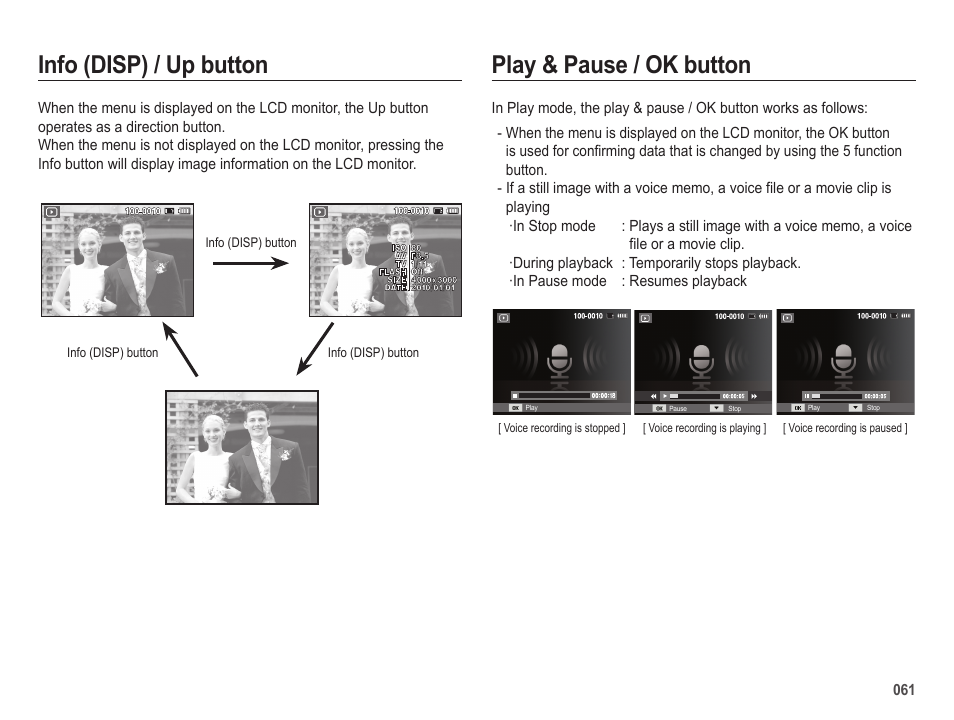 Play & pause / ok button, Info (disp) / up button | Samsung ES25 User Manual | Page 62 / 96