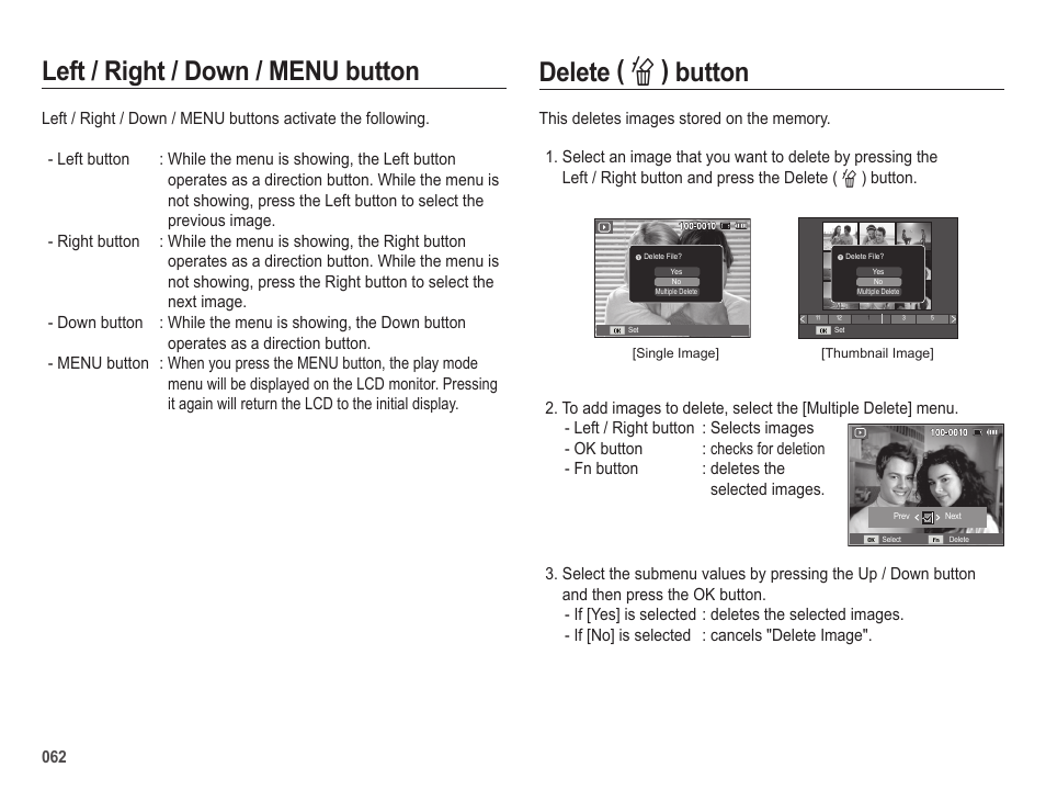 Delete ( n ) button, Left / right / down / menu button | Samsung ES25 User Manual | Page 63 / 96