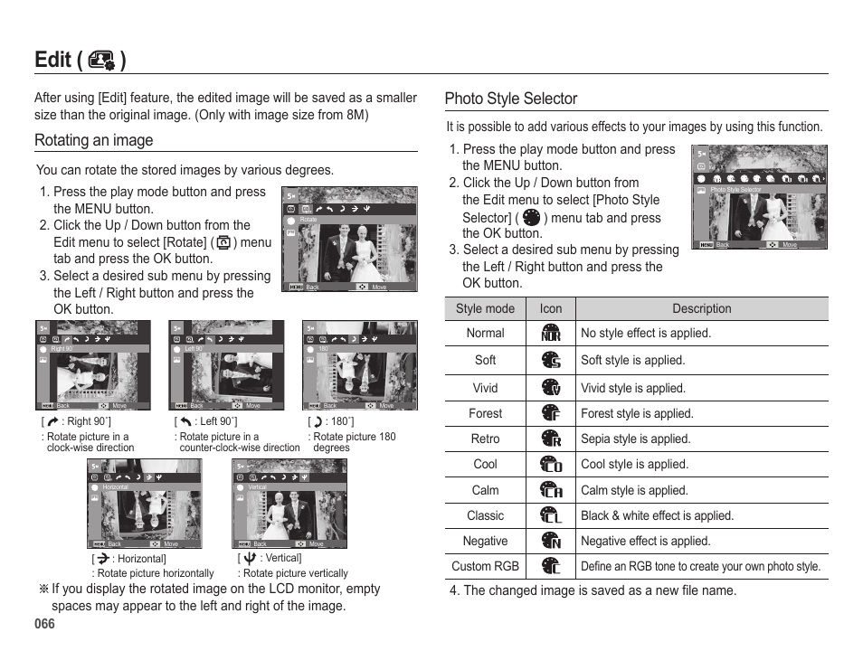 Edit ( ), Rotating an image photo style selector | Samsung ES25 User Manual | Page 67 / 96