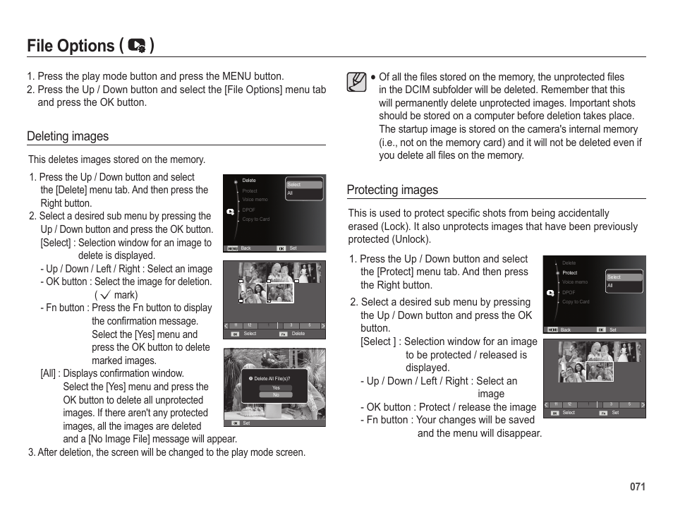 File options ( ), Deleting images, Protecting images | Samsung ES25 User Manual | Page 72 / 96