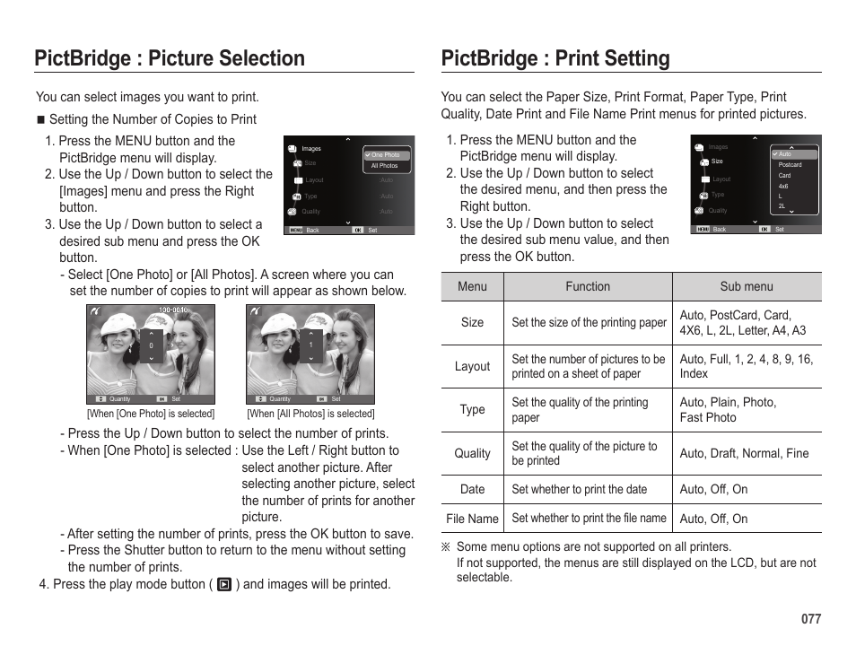 Pictbridge : picture selection, Pictbridge : print setting | Samsung ES25 User Manual | Page 78 / 96