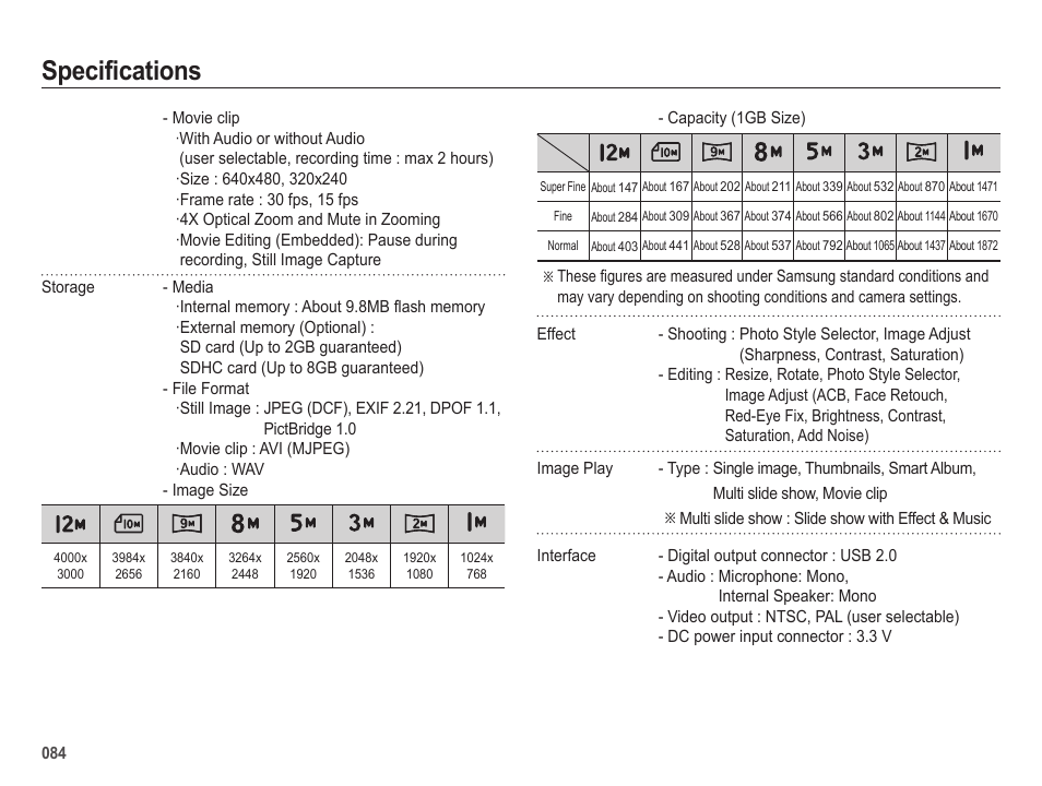 Specifications | Samsung ES25 User Manual | Page 85 / 96