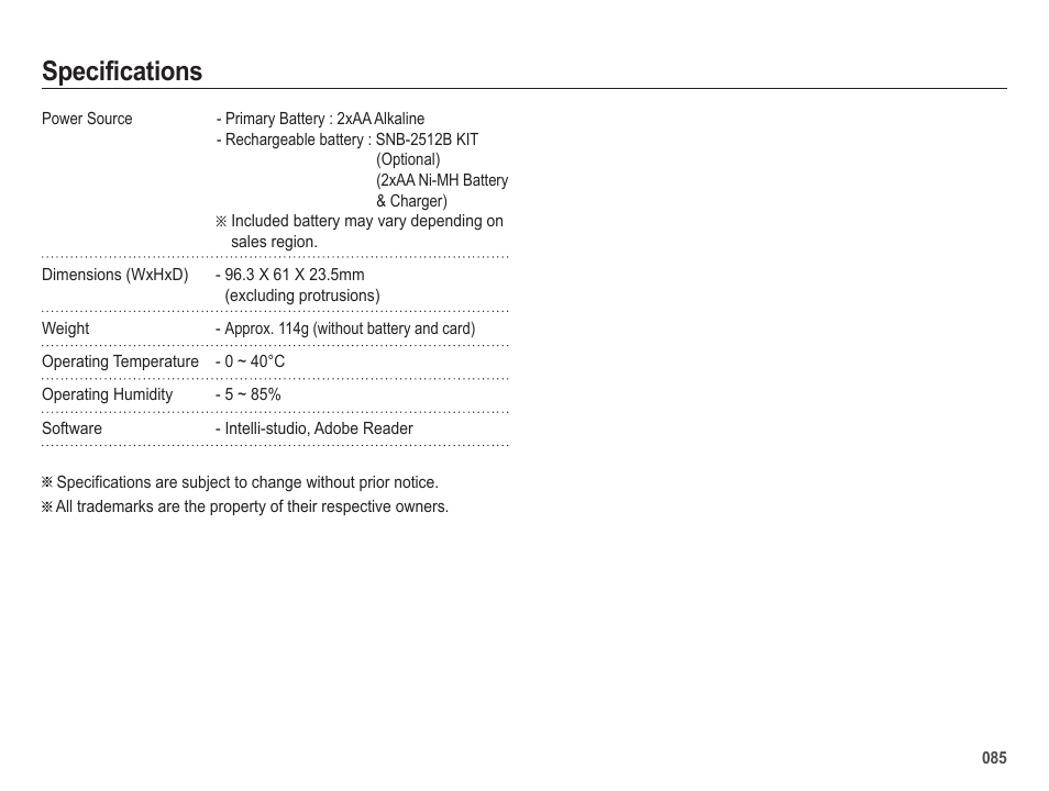 Specifications | Samsung ES25 User Manual | Page 86 / 96