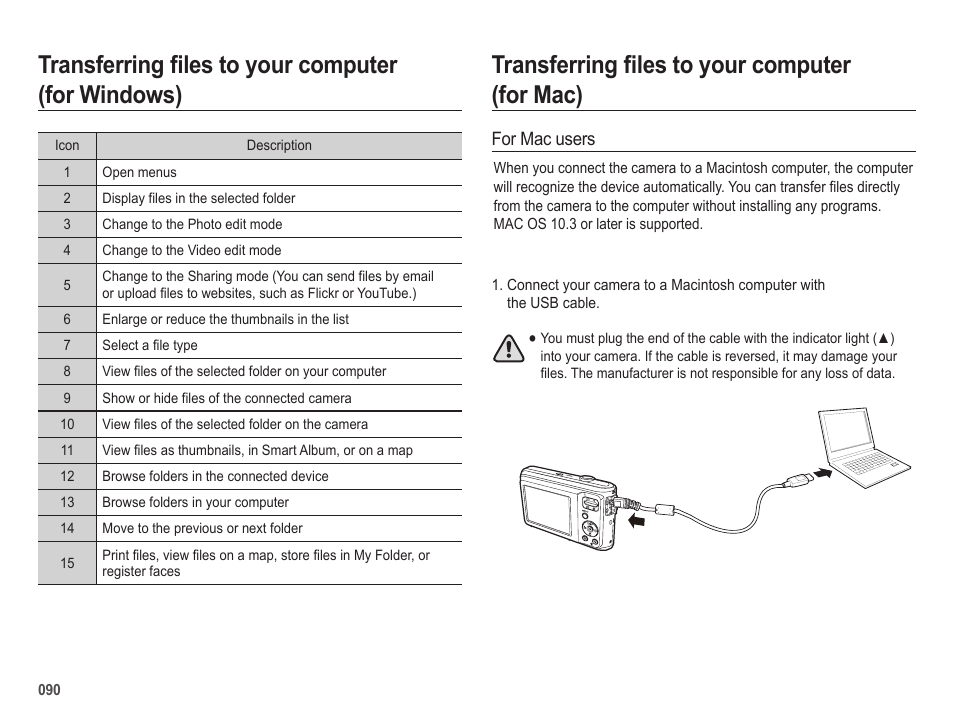 Transferring files to your computer (for windows), Transferring files to your computer (for mac) | Samsung ES25 User Manual | Page 91 / 96