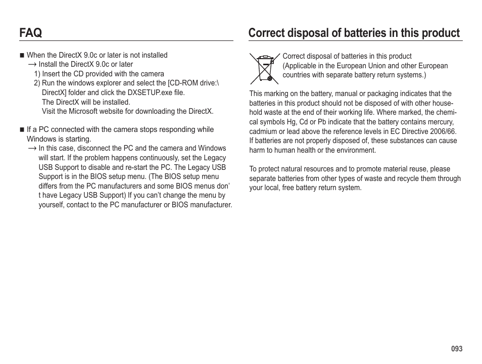 Correct disposal of batteries in this product | Samsung ES25 User Manual | Page 94 / 96