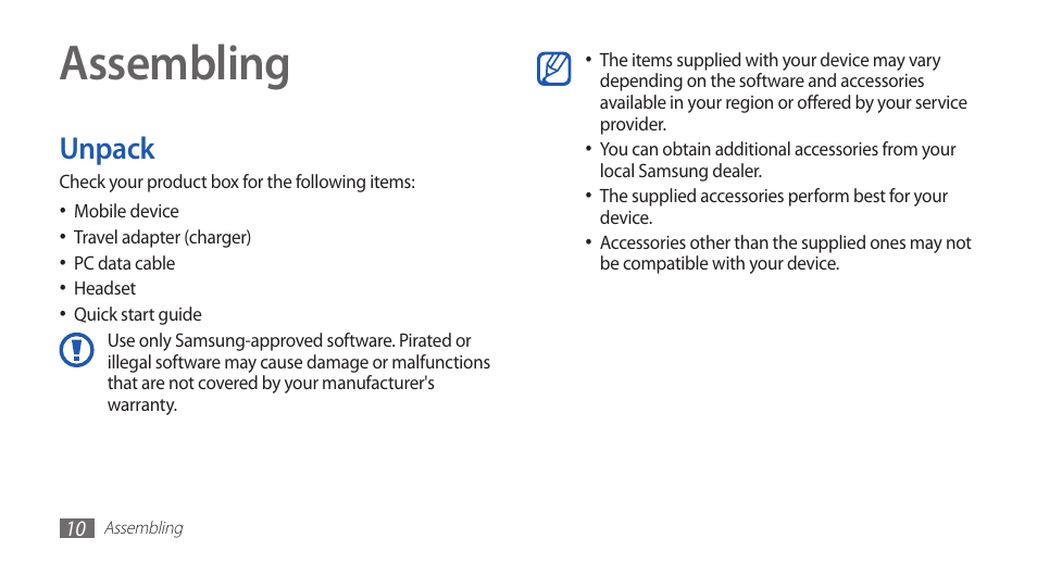 Assembling, Unpack | Samsung YP-G70 User Manual | Page 10 / 116