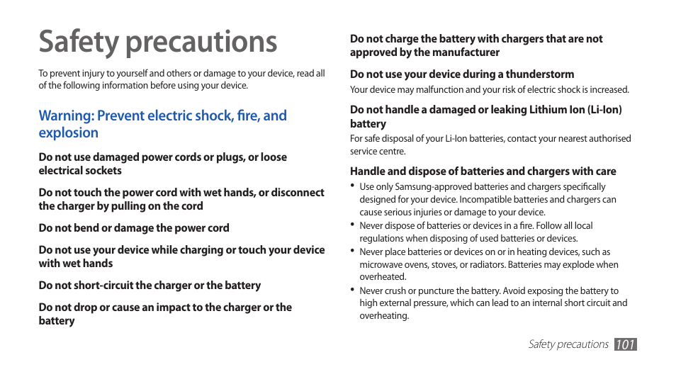 Safety precautions | Samsung YP-G70 User Manual | Page 101 / 116