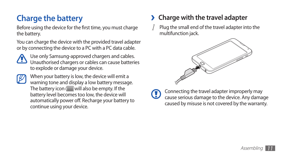 Charge the battery, Charge with the travel adapter | Samsung YP-G70 User Manual | Page 11 / 116