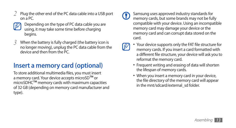 Insert a memory card (optional) | Samsung YP-G70 User Manual | Page 13 / 116