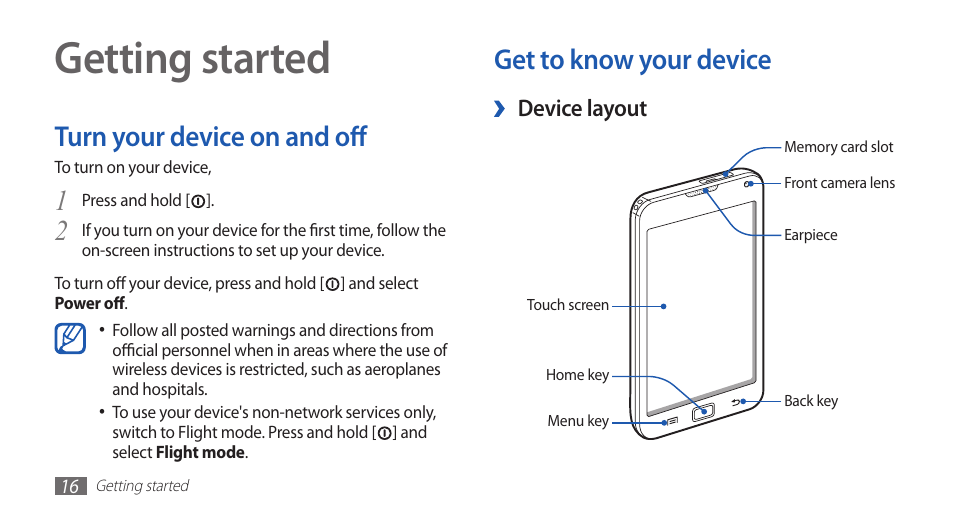 Getting started, Turn your device on and off, Get to know your device | Samsung YP-G70 User Manual | Page 16 / 116