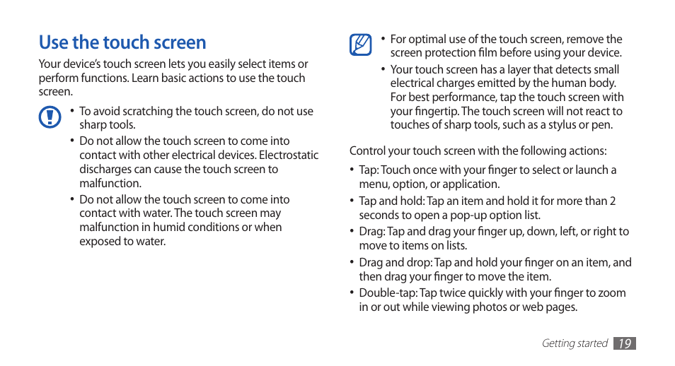 Use the touch screen | Samsung YP-G70 User Manual | Page 19 / 116