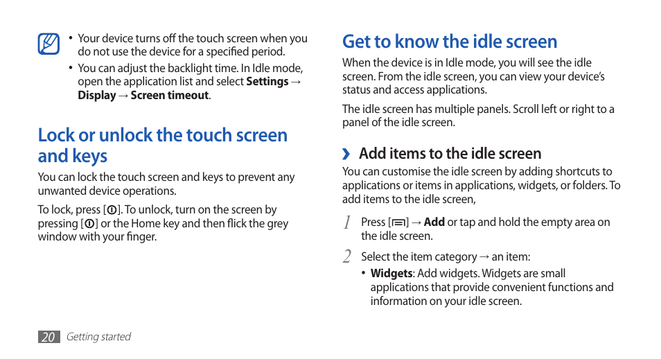 Lock or unlock the touch screen and keys, Get to know the idle screen, Add items to the idle screen | Samsung YP-G70 User Manual | Page 20 / 116