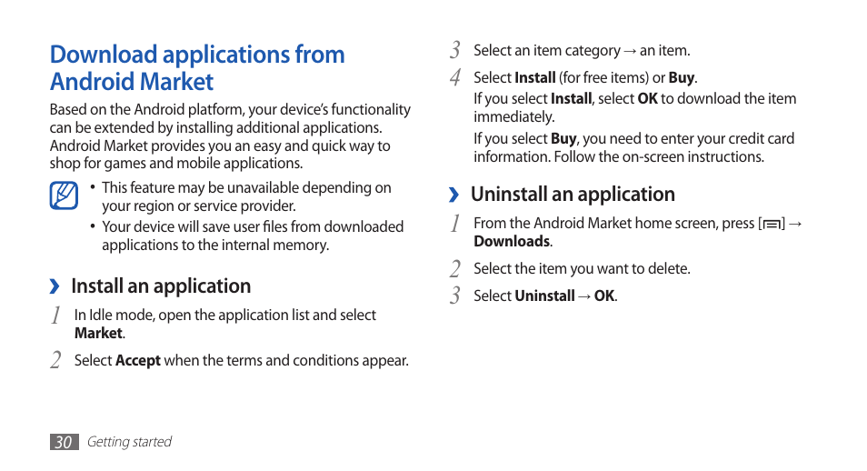 Download applications from android market, Download applications from android, Market | Samsung YP-G70 User Manual | Page 30 / 116
