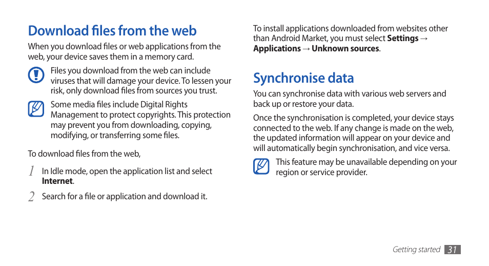 Download files from the web, Synchronise data, Download files from the web synchronise data | Samsung YP-G70 User Manual | Page 31 / 116