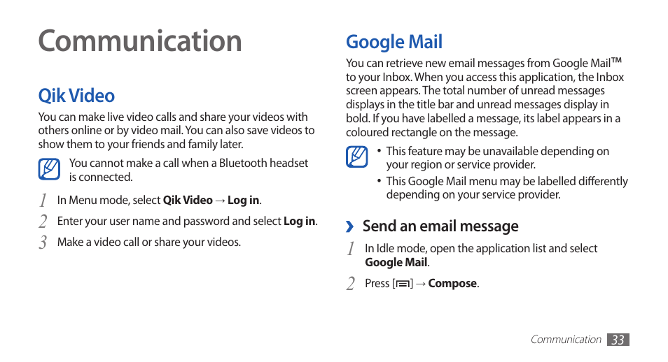Communication, Qik video, Google mail | Qik video google mail, 3google mail | Samsung YP-G70 User Manual | Page 33 / 116