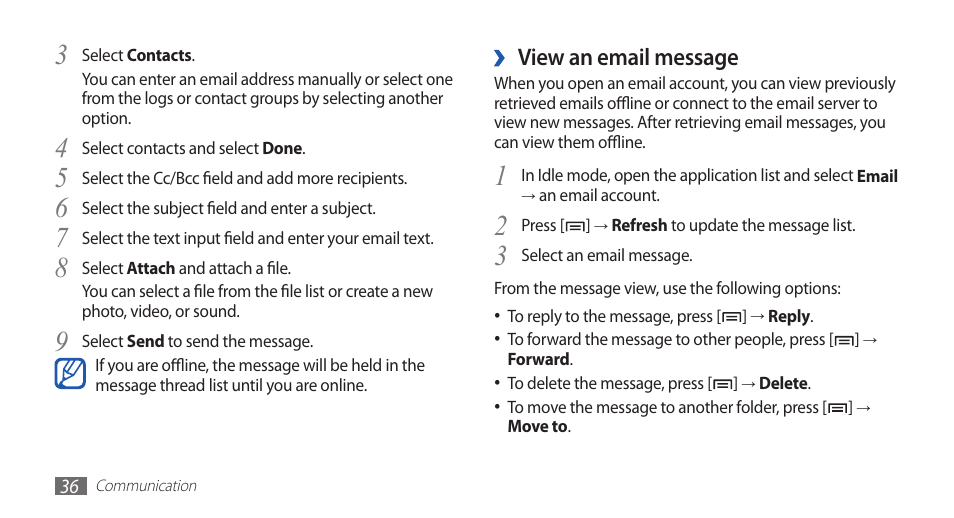 View an email message | Samsung YP-G70 User Manual | Page 36 / 116