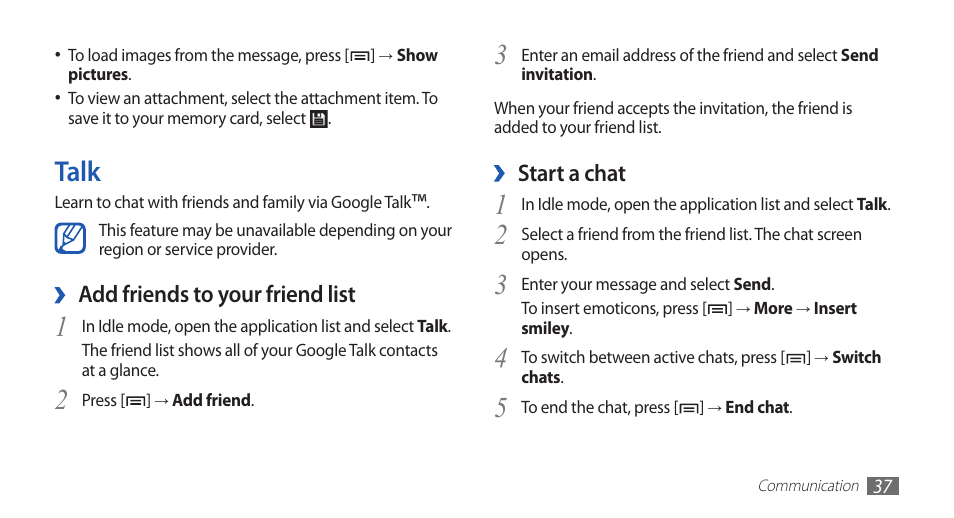 Talk | Samsung YP-G70 User Manual | Page 37 / 116