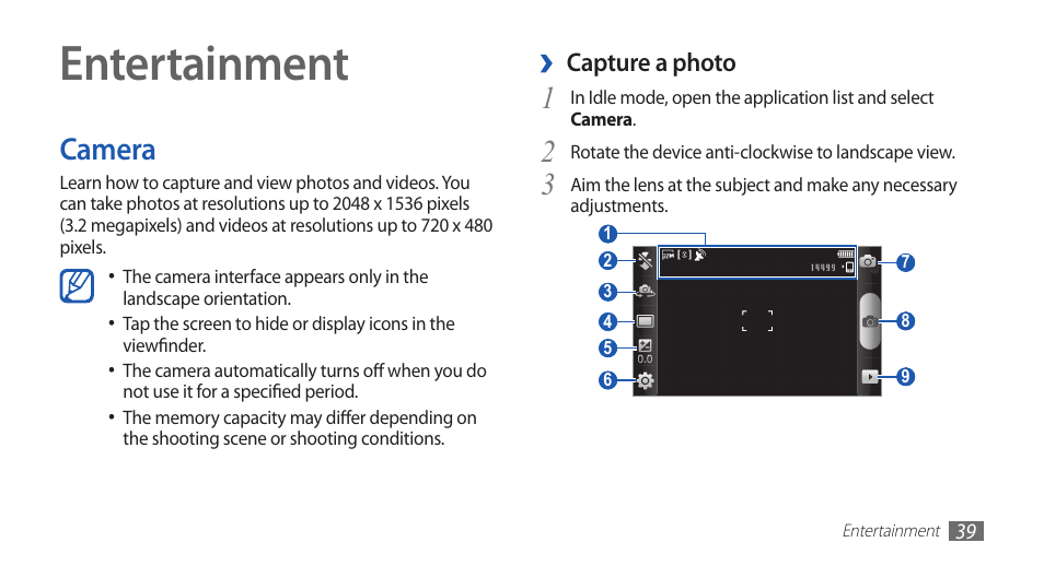 Entertainment, Camera | Samsung YP-G70 User Manual | Page 39 / 116