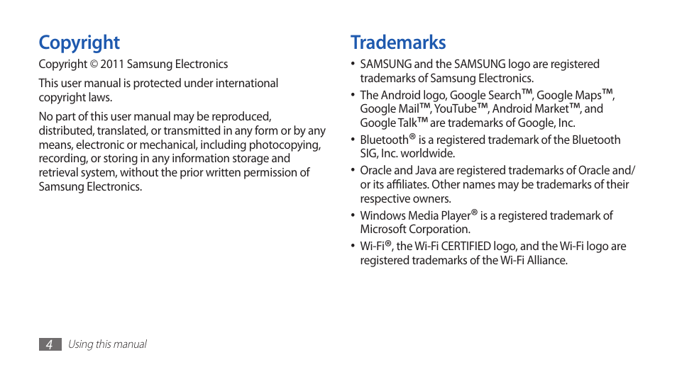 Trademarks, Copyright | Samsung YP-G70 User Manual | Page 4 / 116