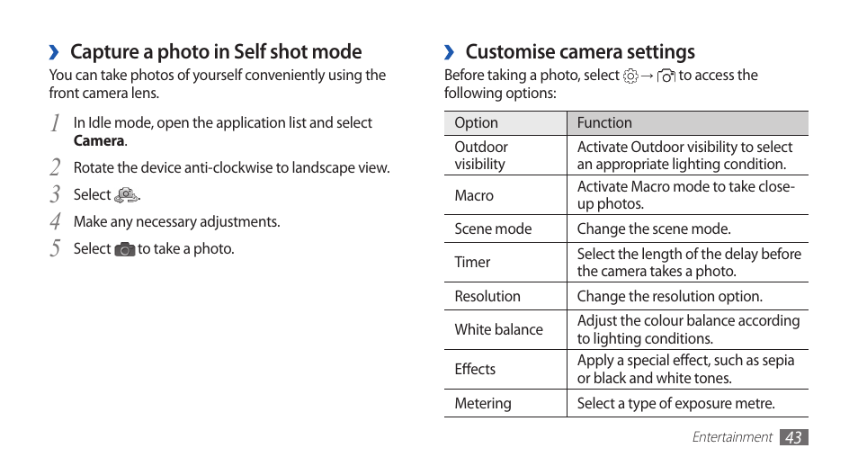Customise camera settings, Capture a photo in self shot mode | Samsung YP-G70 User Manual | Page 43 / 116