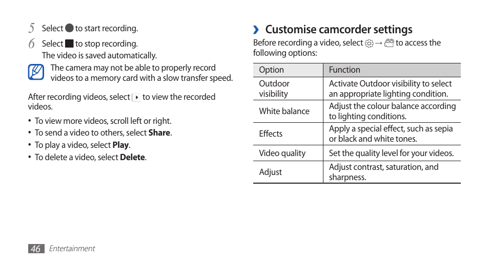 Customise camcorder settings | Samsung YP-G70 User Manual | Page 46 / 116