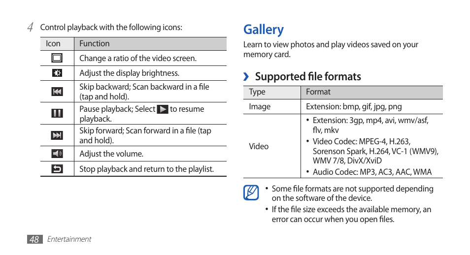 Gallery, Supported file formats | Samsung YP-G70 User Manual | Page 48 / 116