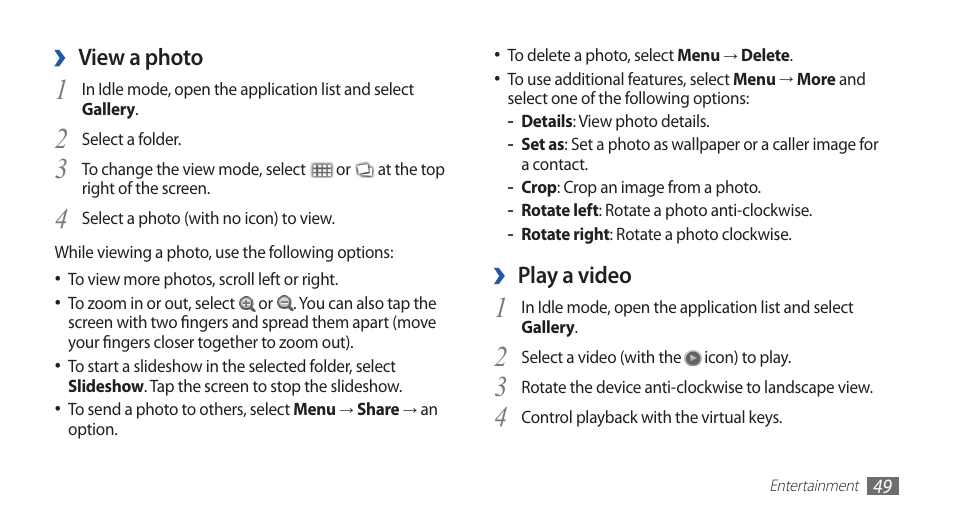Play a video, View a photo | Samsung YP-G70 User Manual | Page 49 / 116