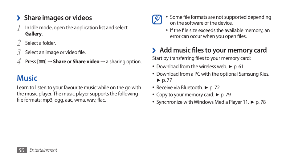Music, Share images or videos | Samsung YP-G70 User Manual | Page 50 / 116