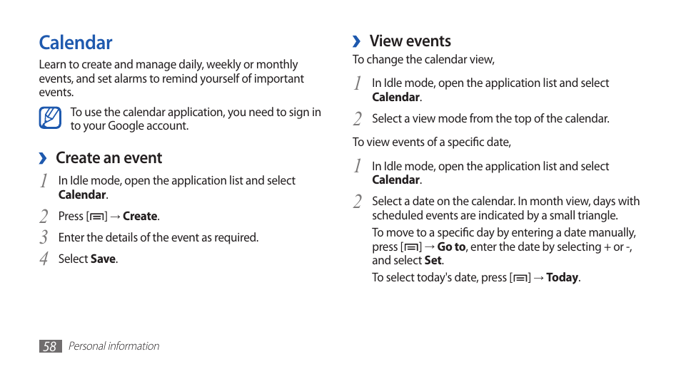 Calendar | Samsung YP-G70 User Manual | Page 58 / 116