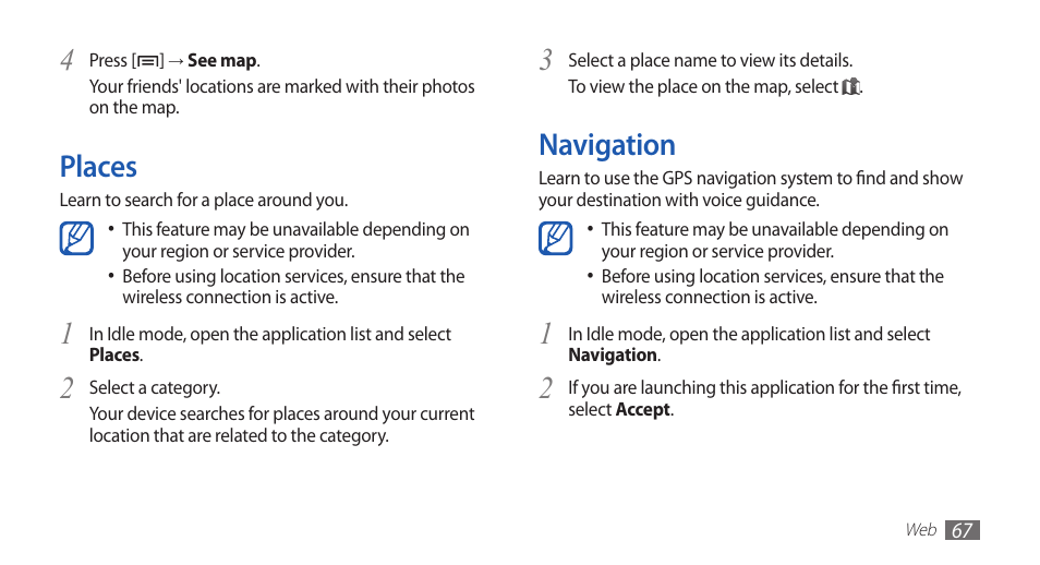 Places, Navigation, Places navigation | Samsung YP-G70 User Manual | Page 67 / 116