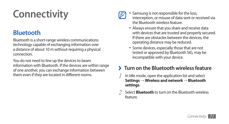 Connectivity, Bluetooth | Samsung YP-G70 User Manual | Page 71 / 116