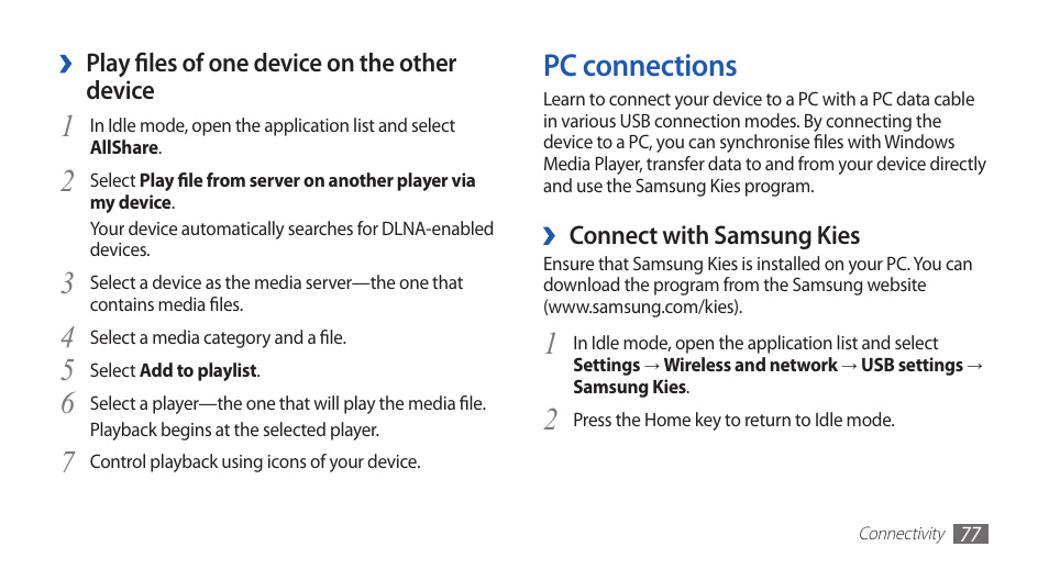Pc connections | Samsung YP-G70 User Manual | Page 77 / 116