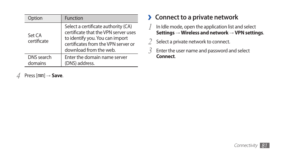 Connect to a private network | Samsung YP-G70 User Manual | Page 81 / 116