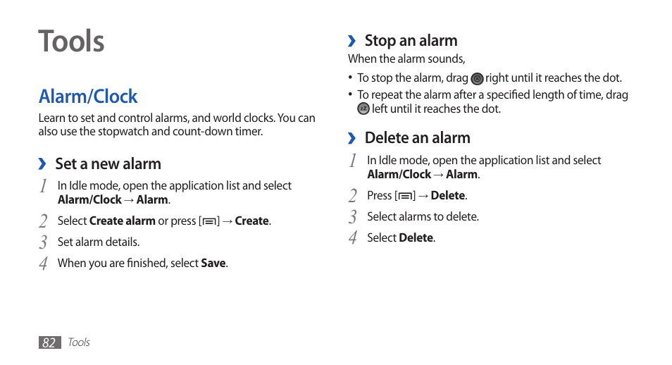 Tools, Alarm/clock | Samsung YP-G70 User Manual | Page 82 / 116