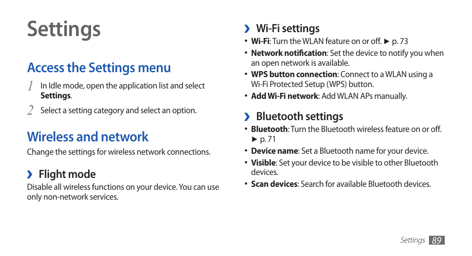 Settings, Access the settings menu, Wireless and network | Access the settings menu wireless and network, 2wireless and network | Samsung YP-G70 User Manual | Page 89 / 116