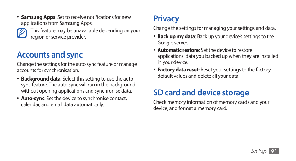 Accounts and sync, Privacy, Sd card and device storage | Privacy sd card and device storage | Samsung YP-G70 User Manual | Page 93 / 116