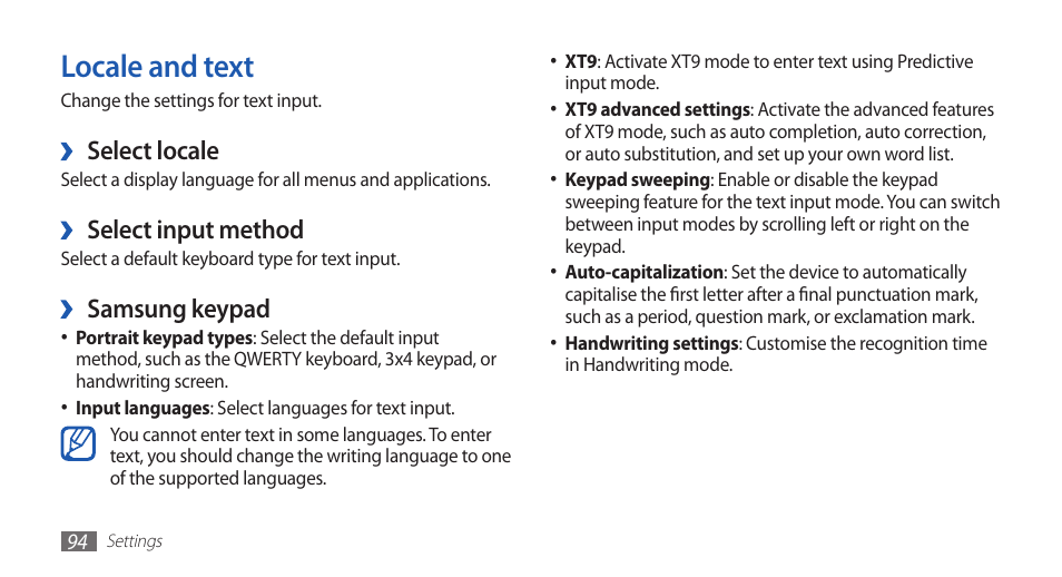 Locale and text, Select locale, Select input method | Samsung keypad | Samsung YP-G70 User Manual | Page 94 / 116