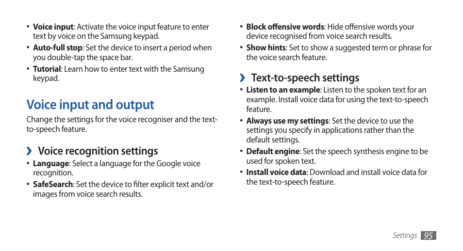 Voice input and output, Text-to-speech settings, Voice recognition settings | Samsung YP-G70 User Manual | Page 95 / 116