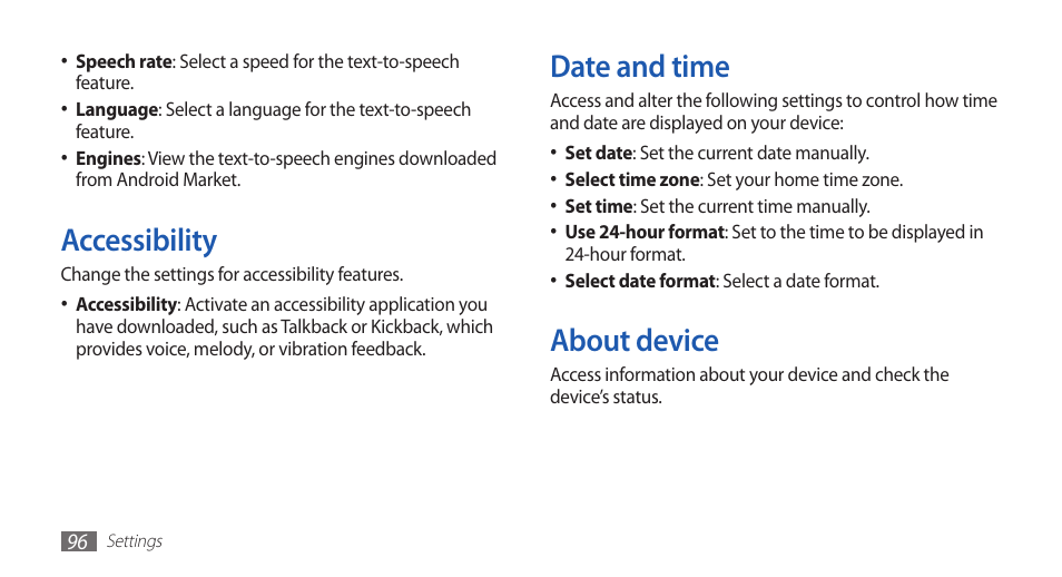 Accessibility, Date and time, About device | Accessibility date and time about device | Samsung YP-G70 User Manual | Page 96 / 116