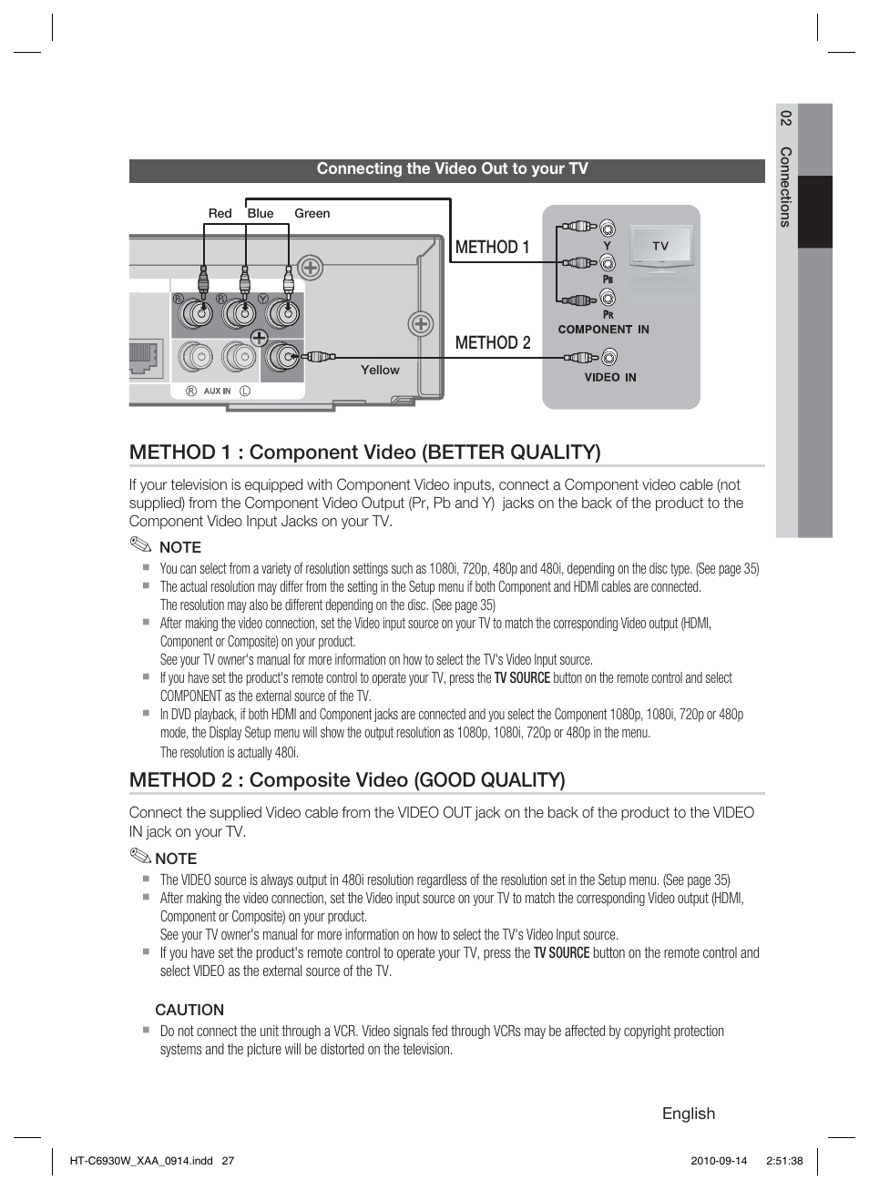 Connecting the video out to your tv | Samsung HT-C6930W User Manual | Page 27 / 74