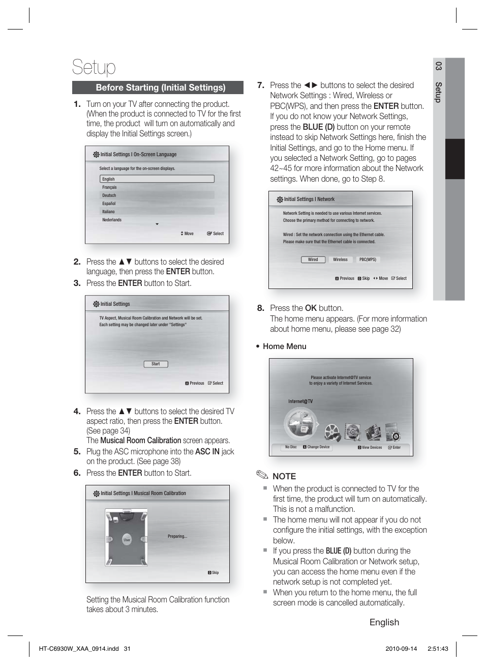Setup, Before starting (initial settings), English | Samsung HT-C6930W User Manual | Page 31 / 74