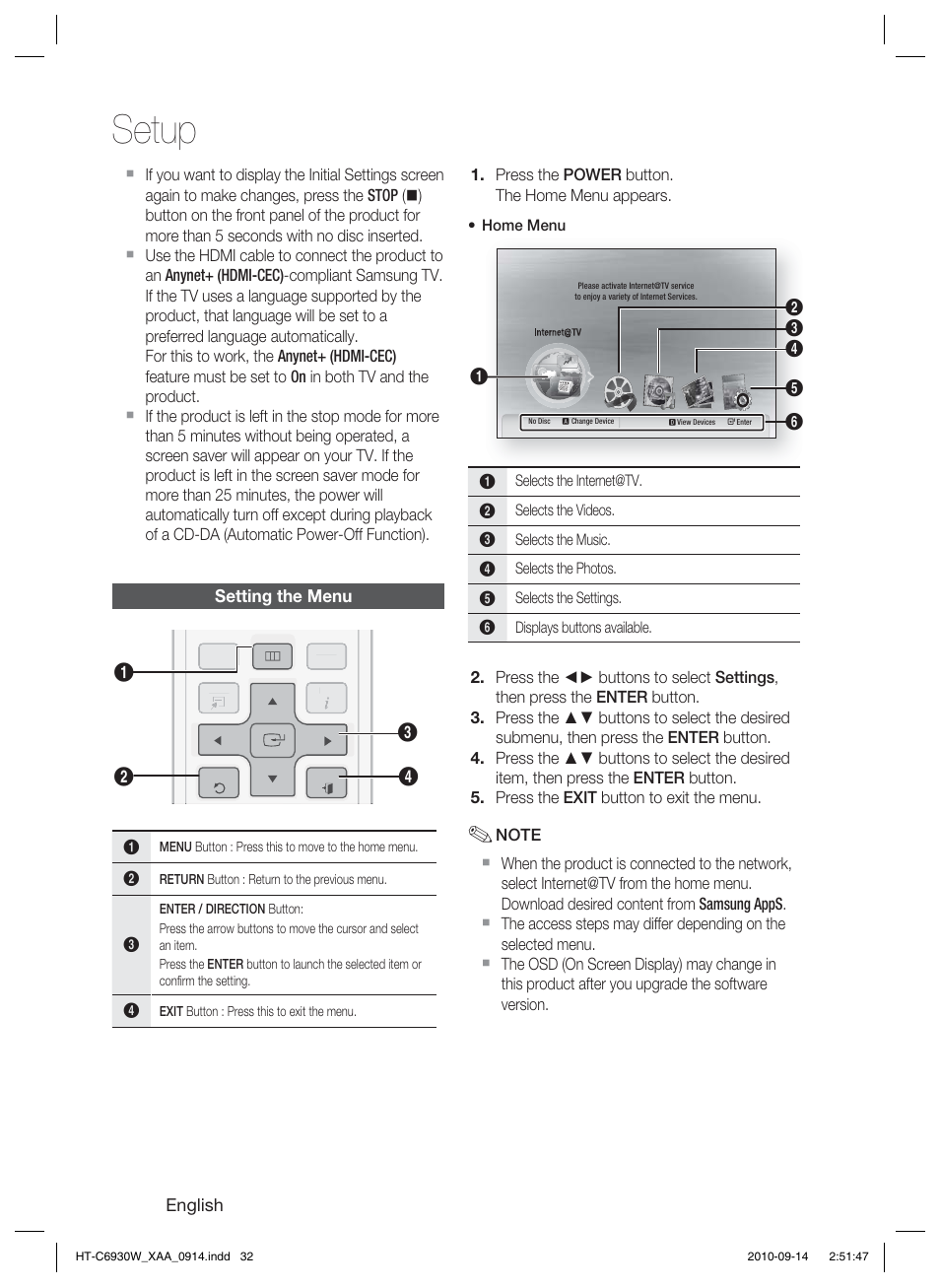 Setting the menu, Setup | Samsung HT-C6930W User Manual | Page 32 / 74